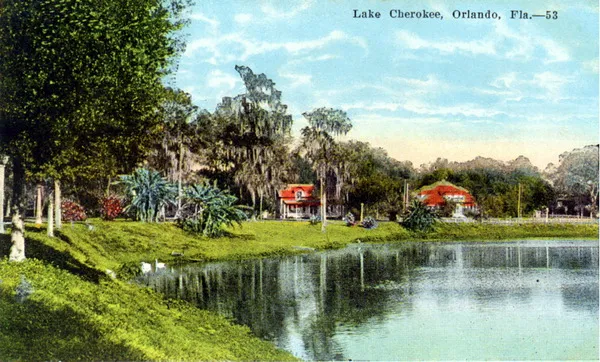 A historical postcard view of Lake Cherokee, showing the lake from one of the residential shorelines with handwritten or printed caption