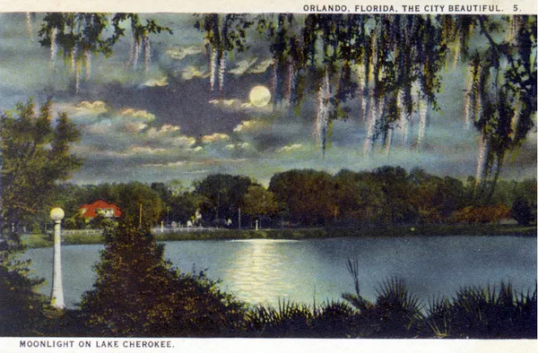 A 1923 photograph titled 'Moonlight on Lake Cherokee' — reflective water and silhouetted shoreline trees at dusk